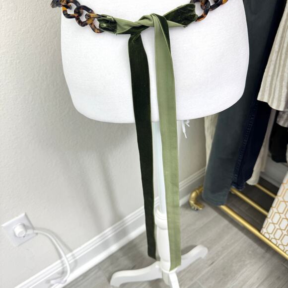 J. Crew Womens Belt Velvet Ribbon Tortoise Look Chain Link Tie Close Green Brown - Picture 3 of 9